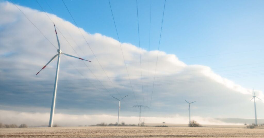 wind turbines under a vast sky with cumulus clouds and power lines across a serene field