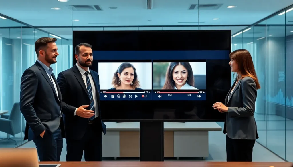 business team reviewing ai lip sync video software in a modern office