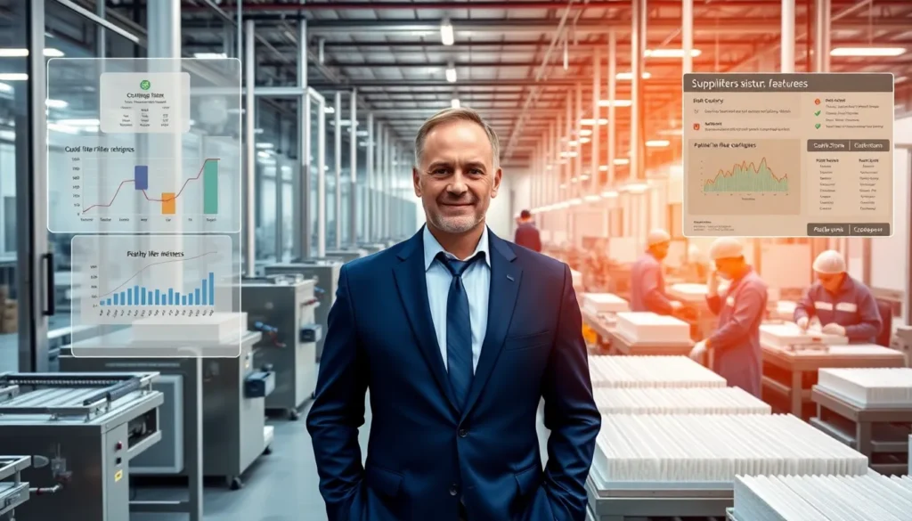 executive in filter manufacturing facility overseeing quality production lines