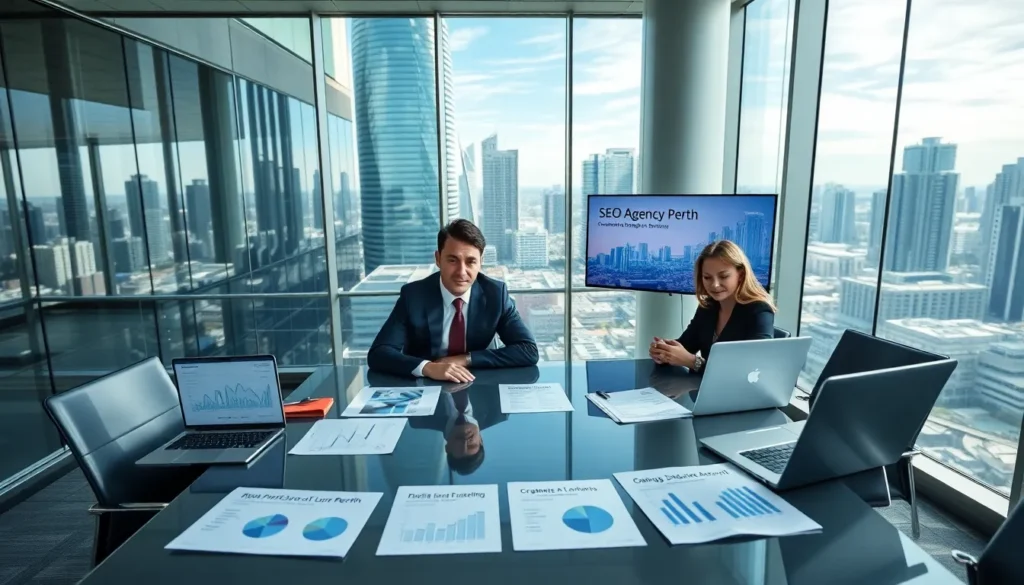 professional team meeting in a modern perth office with digital marketing charts